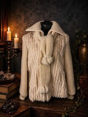 Vintage Old Money Rabbit Fur Sweater Jacket Set • Genuine Fur + Scarf & Gloves